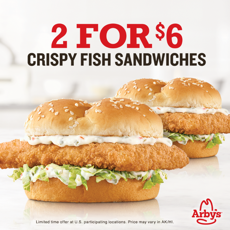 Arbys's tweet photo. Arby’s 2 for $6 Fish Sandwiches. Go fishing from the comfort of your favorite Arby’s drive thru.