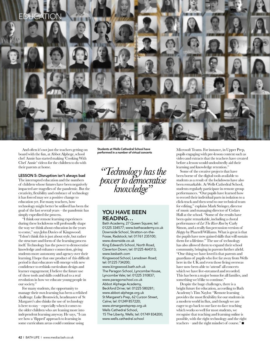 Read our latest issue and learn how schools are making online lessons work for pupils 

🚸  bit.ly/3d9m5cR 

<a href="/KESBath/">King Edward's School, Bath</a> 
<a href="/BathAcademy/">Bath Academy</a> 
<a href="/KingswoodSchool/">Kingswood School</a> 
<a href="/StMargaretsPrep/">St Margaret's Prep Calne</a> 
<a href="/downsideschool/">Downside School</a> 
<a href="/ParagonBath/">The Paragon School</a> 
<a href="/wellscathschool/">WellsCathedralSchool</a> 
<a href="/AbbotAlphege/">Abbot Alphege Academy</a>