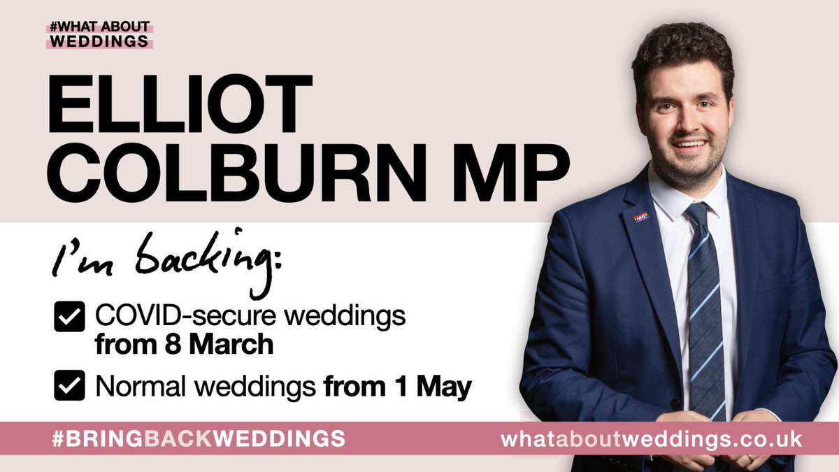 WAWofficialUK's tweet photo. A huge thank you to @ElliotColburn for standing up for the 400,000 wedding sector workers + half a million couples waiting to get married. Bringing back Covid-secure weddings from 8 March lets us prepare to bring back normal weddings from 1 May, in line with vaccination targets. https://t.co/p4L2HIXl4B