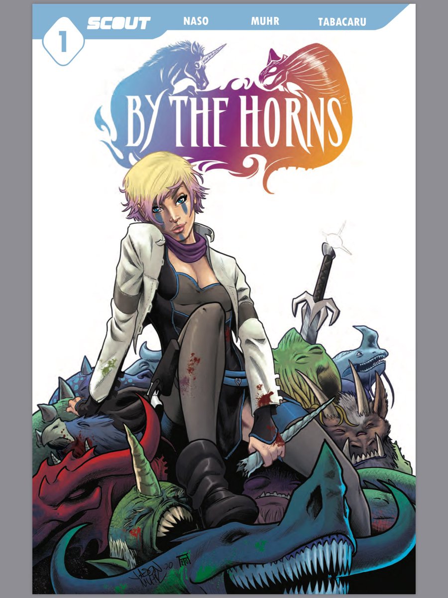 #ByTheHorns is the hyper fantasy tale of Elodie, a monster hunter obsessed with hunting down Unicorns because of a past tragedy. Each town she visits feels like Tolkien meets Final Fantasy. The art by @JasonMuhr and @AndreiTabacaru pops right off the page!@ScoutComics