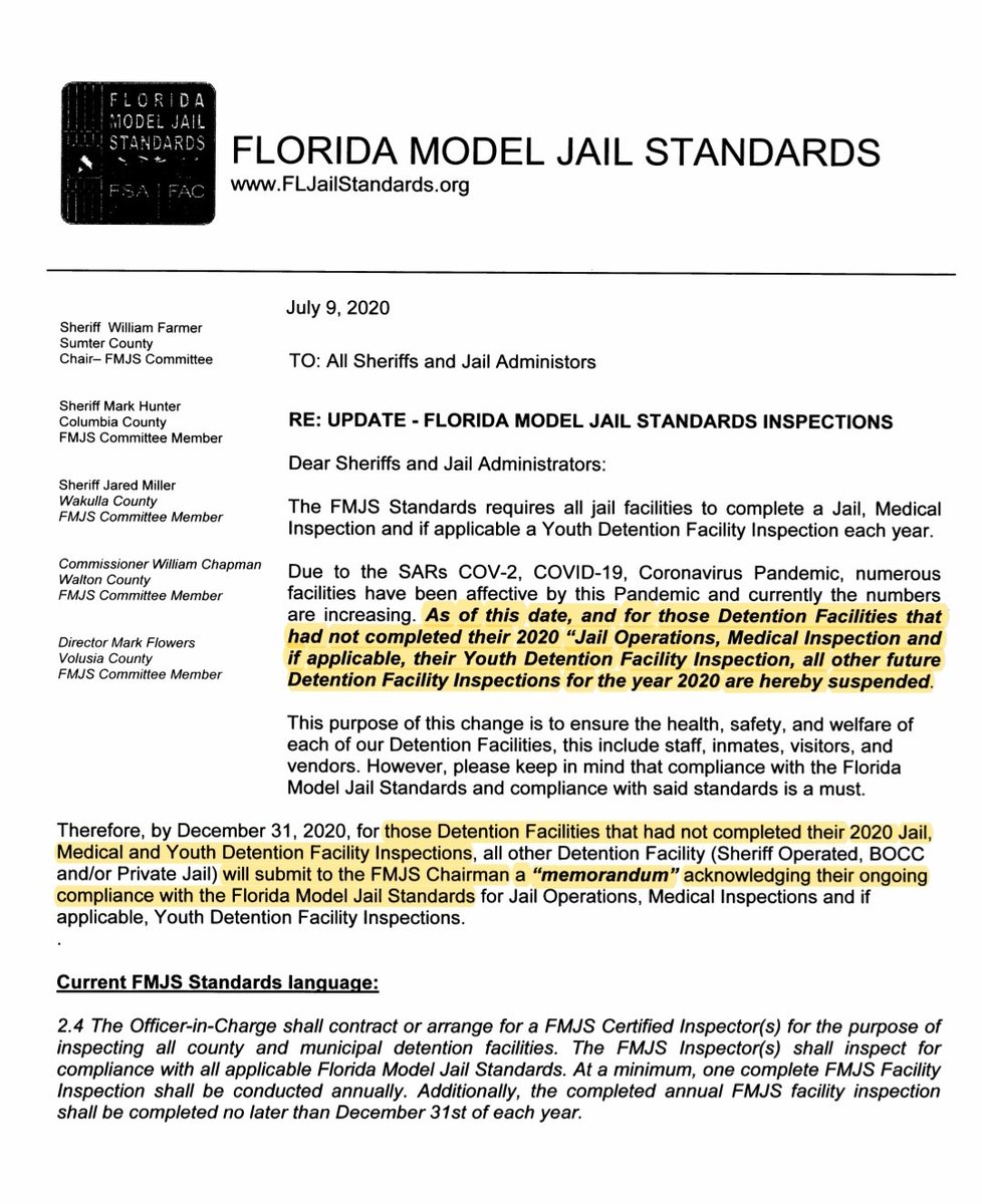 Florida Model Jail Standard 2.4 requires annual inspections by independent & certified inspectors at all 93 locally operated jails in FL.But in July, the Chair of the FMJS Committee - Sumter County Sheriff William O. "Bill" Farmer, Jr. - suspended the inspection requirement.