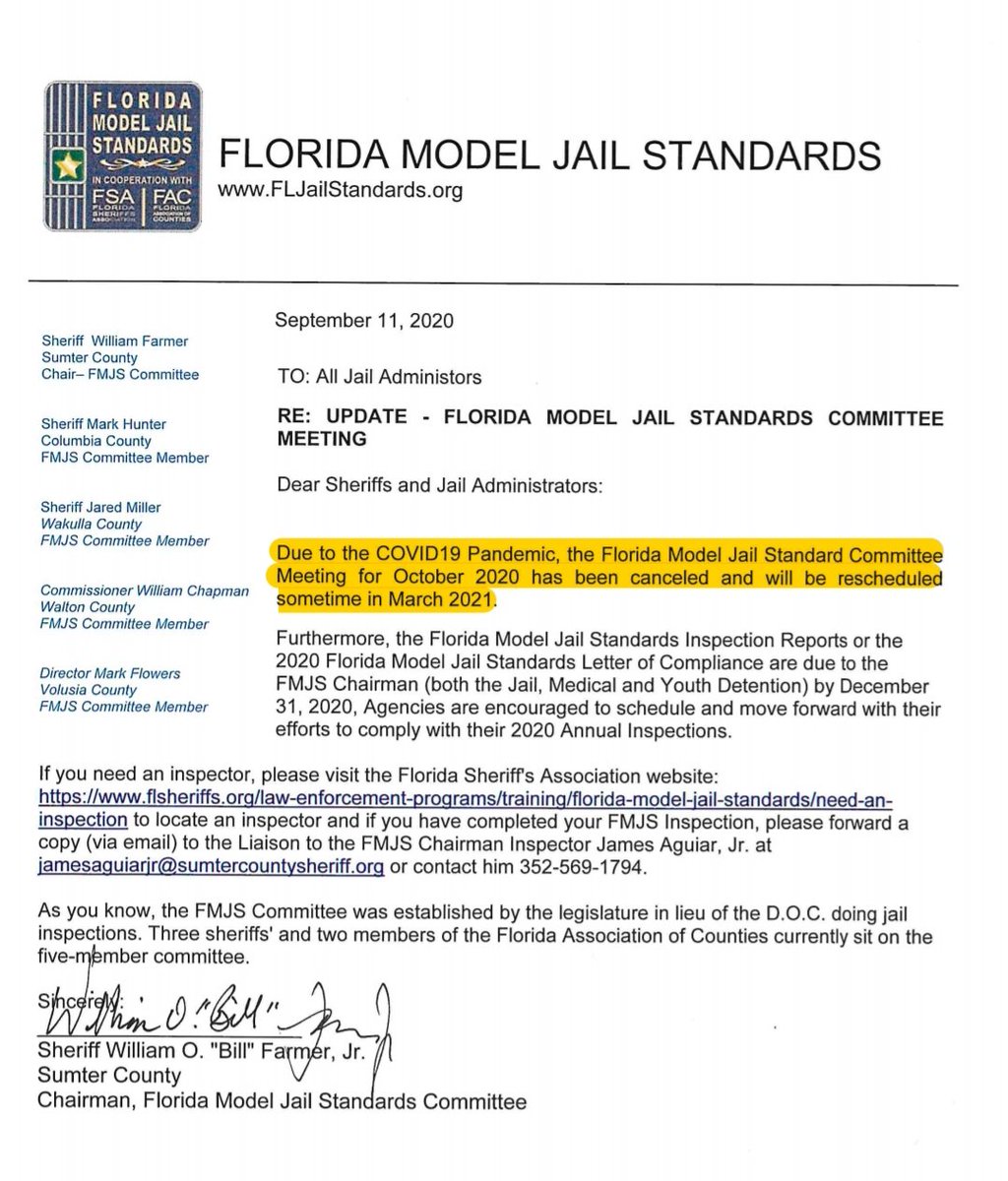 The FMJS Committee not only suspended the inspection requirement for jails in 2020, they didn't have any meetings whatsoever about COVID-19 last year.They were supposed to meet in October 2020, and instead they cancelled the meeting. They rescheduled it for "sometime in March."