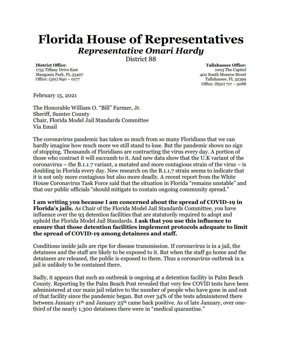 So I wrote the Chair of the FMJS committee a letter today calling him to:1.) Convene a meeting and create COVID-specific standards for jails.2.) Resume inspections at all jails no later than March 31st.3.) Ask Governor DeSantis to make jail staff eligible for the vaccine.