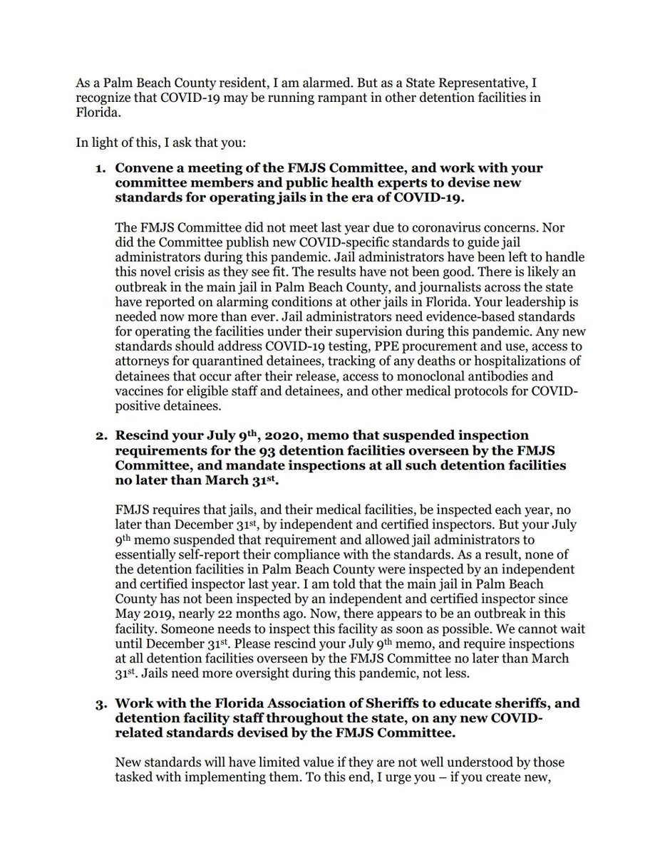 So I wrote the Chair of the FMJS committee a letter today calling him to:1.) Convene a meeting and create COVID-specific standards for jails.2.) Resume inspections at all jails no later than March 31st.3.) Ask Governor DeSantis to make jail staff eligible for the vaccine.