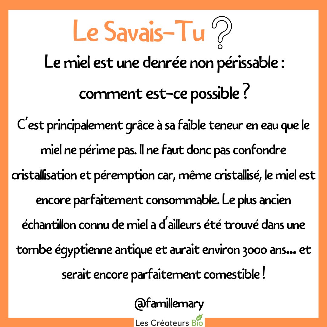 lescreateursbio's tweet photo. [LE SAVAIS-TU ?] Le miel est une denrée non périssable : comment est-ce possible ? 🐝

@lescreateursbio @famillemary #abeille #abeilleroyale #bee #miel #love #naturel #beelove #amour #nature #lesaviezvous #culture #didyouknow #ecologie #environnement #connaissance #decouvrir https://t.co/VX4WuPNpXK