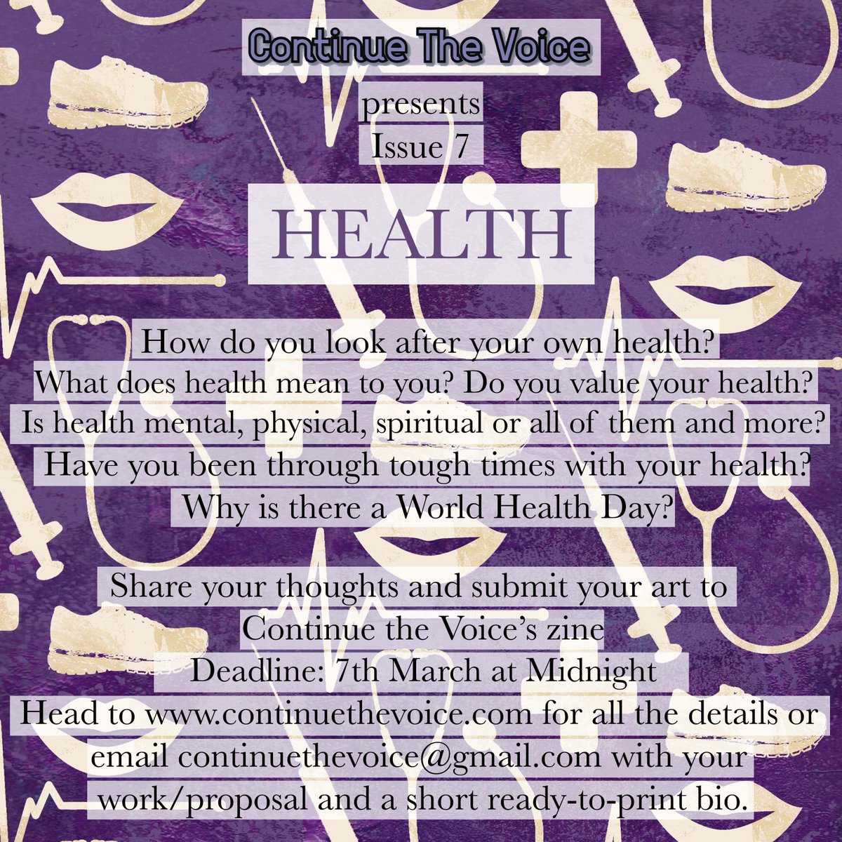 ContinueVoice's tweet photo. Submissions now open! 📣

We are now open for submissions for our April issue which is all about health. We are looking for all forms of art relating to this theme so please visit our website for more details following the link  in our bio! https://t.co/J3ta1z1onV