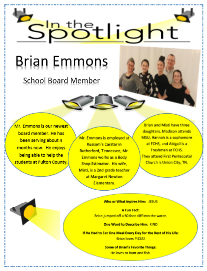 Fulton County Spotlight for the Week of February 15, 2020.  Meet our newest Board Member, Brian Emmons!  #PilotPride  #TellingOurStoryKY