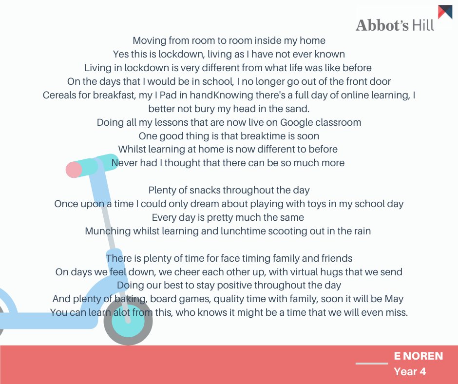 AbbotsHill's tweet photo. We wanted to share these thought provoking and heart warming poems that Year 4 wrote about their experience of lockdown. 

#Poetry #LockdownPoems #RemoteLearning #NHS💙
@GSAUK @ISC_schools https://t.co/NUX1ZPE4Om