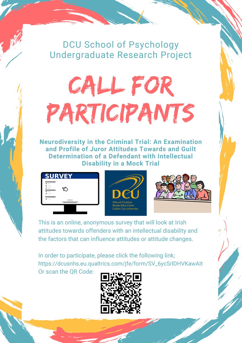 One of the fourth year students is conducting a study on the attitudes of Jurors toward individuals with an Intellectual Disability who have been charged with a crime. If you would like to participate just follow the link below. It only takes 20 minutes.

dcusnhs.eu.qualtrics.com/jfe/form/SV_6y…