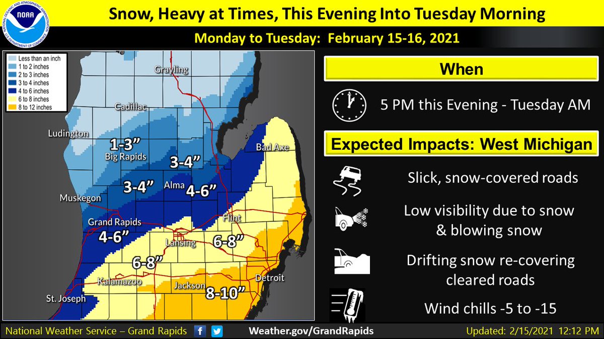 MON PM UPDATE: Areas most likely affected by end of PM commute: I-94 corridor and Lansing. Main impacts will be to travel. Worst conditions south/east of line from Kalamazoo-Alma: visibility frequently below ½ mile, snowfall rates may exceed 1”/hour per hour. #wmiwx #wmiwx