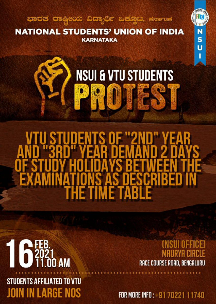 nsuidjhalli's tweet photo. NATIONAL STUDENTS UNION OF INDIA (NSUI) KARNATAKA ALONG WITH VTU 2ND &amp; 3RD YEAR ENGINEERING STUDENTS IS STAGING A PROTEST IN DEMAND OF SEEKING TWO DAYS OF STUDYING HOLIDAY BEFORE EVERY EXAM AS PER TIME TABLE AS SCHEDULED,WE KINDLY REQUEST THE HIGHER EDUCATION @nsui @NSUIKarnataka https://t.co/F2nW3DdxzU