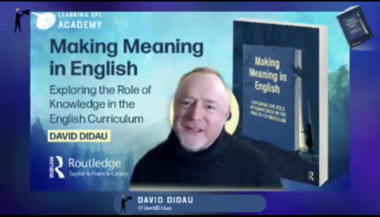 HPHighEnglish's tweet photo. Tuned in to @DavidDidau ‘s book launch, with @Counsell_C and @joeybagstock.  Making Meaning in English - fantastic book and a must for all English teachers. 📖💫 https://t.co/kj2g3nlsB1