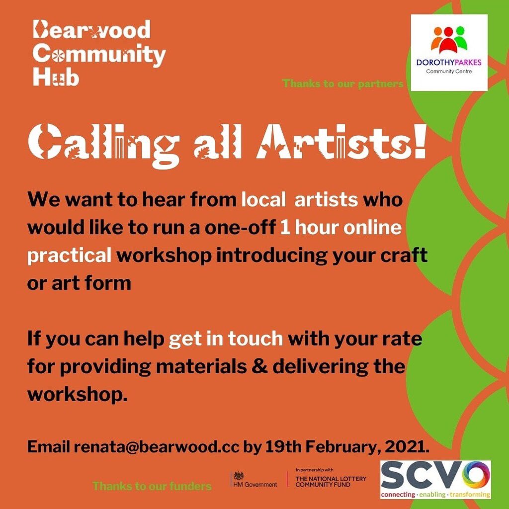 👀 OPPORTUNITY: We are looking for 5 local artists to run a 1hr practical workshop through zoom.

Get in touch by 19th February with your rate for providing materials and delivering the workshop.

Email: renata@bearwood.cc