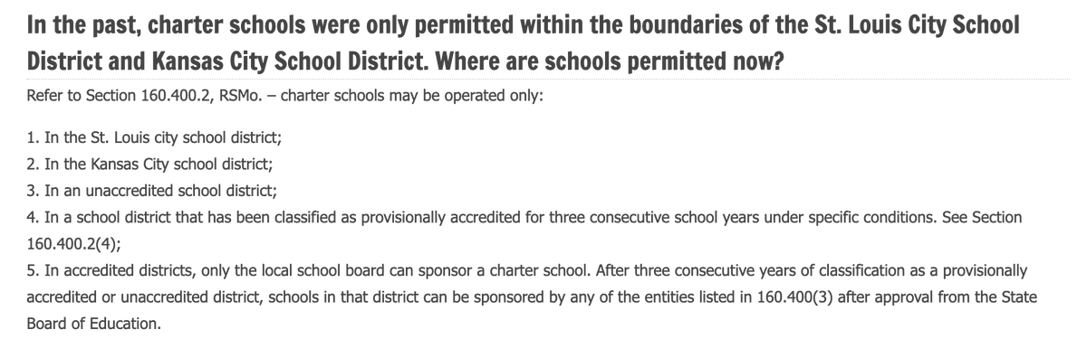 The public school district in which the charter will operate has to be one in which charter schools are allowed. This happened to  #STL City and Kansas City in the early 2000s due to accreditation issues. This is from the DESE website:9/