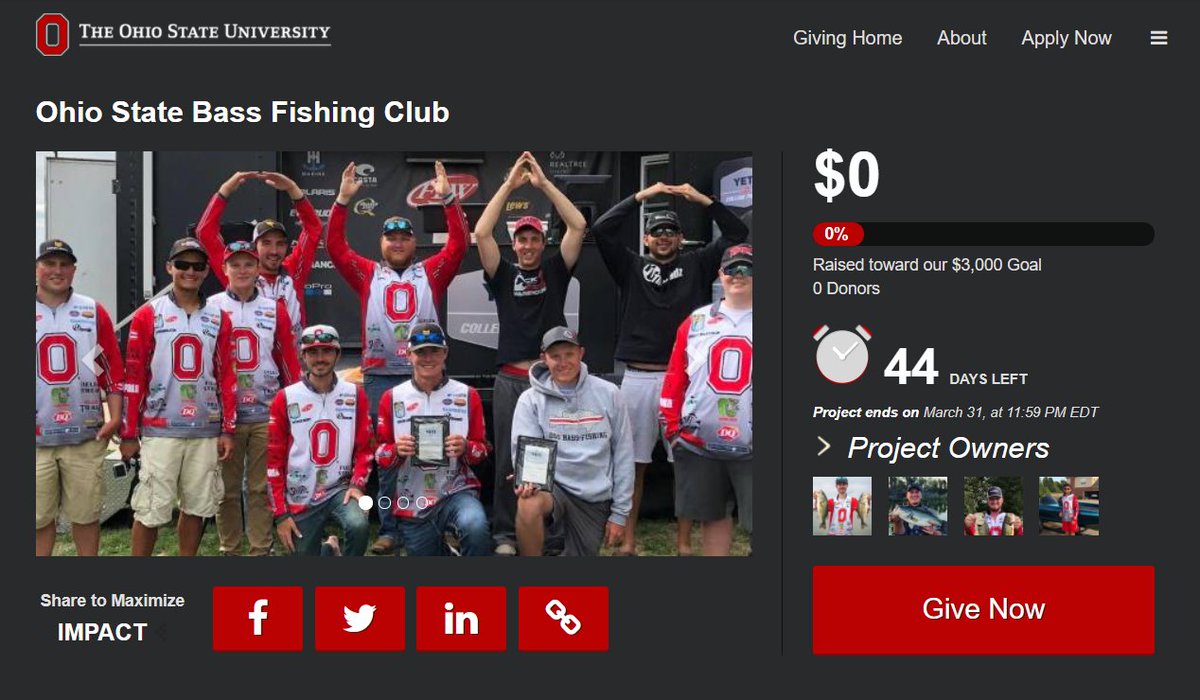 Due to COVID-19, we have lost a great deal of our fundraising income that allows our anglers to travel the country and compete for a national championship.  We are asking Buckeye Nation for help in the form of tax-deductible donations to our team. Details: buckeyefunder.osu.edu/BassFishingClub