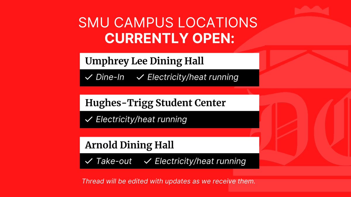 thedailycampus's tweet photo. 🚨 Here is a list of open locations on campus! 🚨 Comment or DM us if you know of any other locations or see new closures to any of these locations. Stay safe and stay warm ❄️ #SMU #dfwsnow #campusclosure https://t.co/R7VWKpWjKu