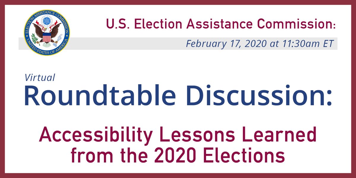 This Wednesday (Feb. 17) at 11:30 a.m. ET, please join us for the <a href="/EACgov/">Election Asst. Comm.</a> Roundtable Discussion: Accessibility Lessons Learned From the 2020 Elections. This event will be livestreamed on EAC’s YouTube Channel go.usa.gov/xsY5v. #VotersWithDisabilities #CripTheVote