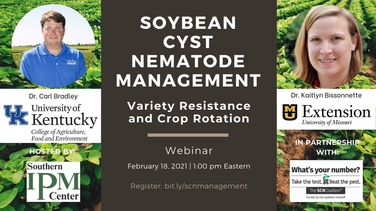 Join <a href="/kmbiss/">Kaitlyn Bissonnette</a> and me for Part 2 of the MO-KY Soybean Cyst Nematode Webinar Series hosted by <a href="/southernipm/">Southern IPM Center</a> this Thurs (Feb 18) at noon CST! No worries if you missed Part 1! Webinar is free, but registration is required. Register here: bit.ly/scnmanagement.