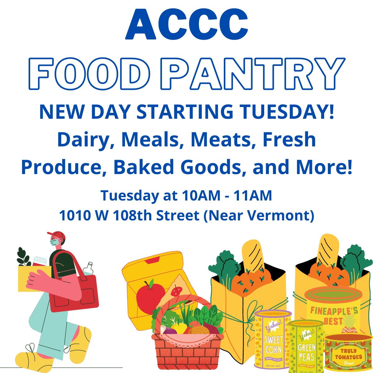 Join us TOMORROW for ACCC's Fresh Produce &amp; Essentials Giveaway! ⠀
Tuesday, February 16, 10:00 AM – 11:00 AM⠀
Aaron Community Cultural Center at 1010 W 108th St, Los Angeles, CA 90044⠀
🥕🥦🍊🍎🤝😀😍