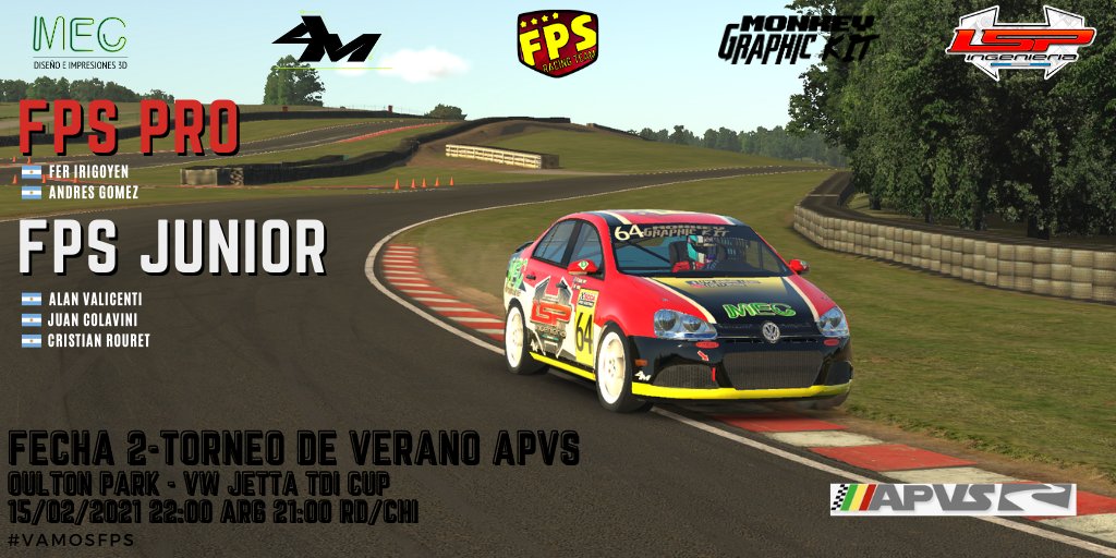 🏁RACE DAY🏁
Segunda fecha del torneo de Verano <a href="/apvsud/">APVS</a>
Suerte a nuestros Pilotos:

<a href="/AndresGomez293/">Andrés!ARG🇦🇷</a> 
<a href="/alitomv/">Alan Valicenti</a> 
<a href="/jac_013/">Juan Colavini</a> 
<a href="/crouret/">Cristian Rouret INJ🔥</a> 
#FerIrigoyen

Fecha 1:
🇬🇧 Oulton Park
📺 twitch.tv/fernandoirigoy…

#VamosFPS
Sponsors:

<a href="/mec3d/">alisson rodrigues</a>
@am_ephotography
@monkeygraphickit
@lucas_pascual_lsp