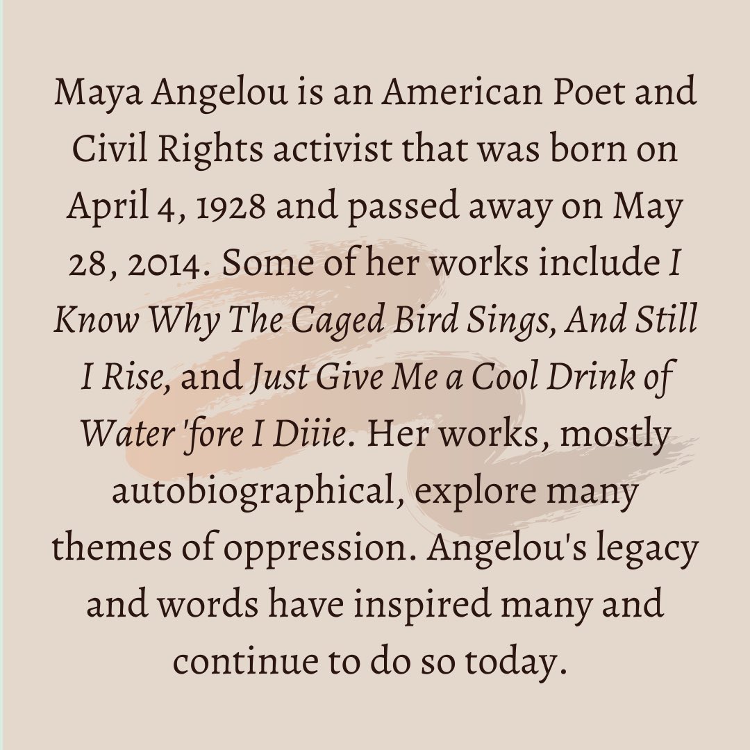Berklee_BWA's tweet photo. Today’s #womeninhistory is Maya Angelou! Who should we highlight next week? Let us know below!
.
.
.
#berkleebwa #berkleecollegeofmusic #BlackHistoryMonth #MayaAngelou https://t.co/xDeaKEfaYy