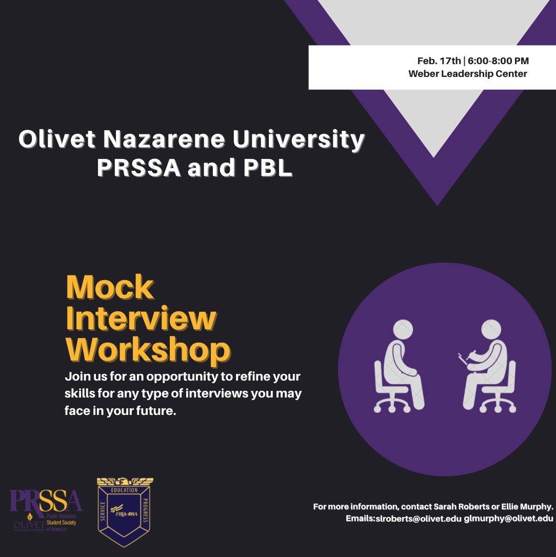 Join us Wednesday night in the Weber Leadership center as we partner with PBL once again to hone in and build our interview skills. This is a great practical example of what lies ahead in the workforce!
#OlivetPRSSA #PRSSA #MockInterviews