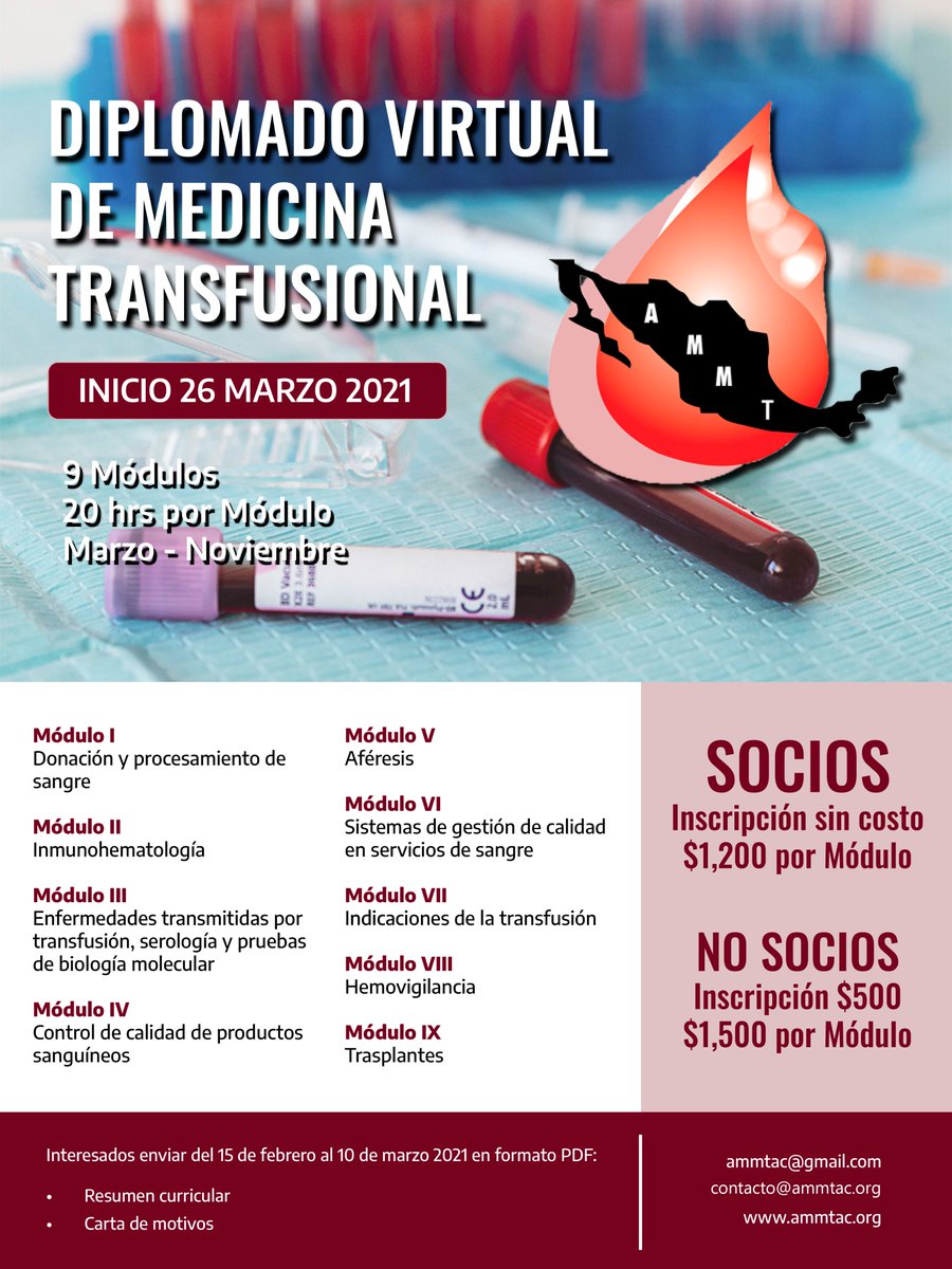 AMMTAC1's tweet photo. Diplomado Virtual de Medicina Transfusional 2021
Informes:
ammtac@gmail.com https://t.co/cTPa4FYhMM