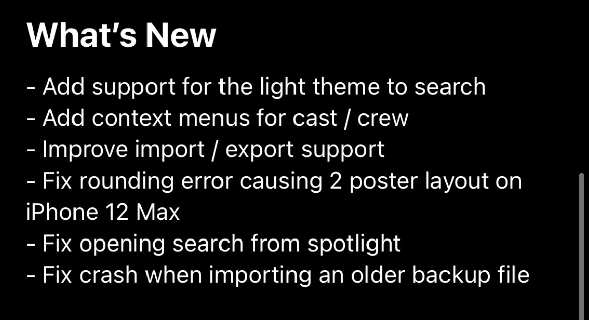 Cinema Time 2.0.1 has officially been released! 😅🥳 Fixed a few theming issues, improved backup &amp; import menu, added context menus for cast &amp; crew, fixed poster layout on iPhone 12 Pro Max, and more.