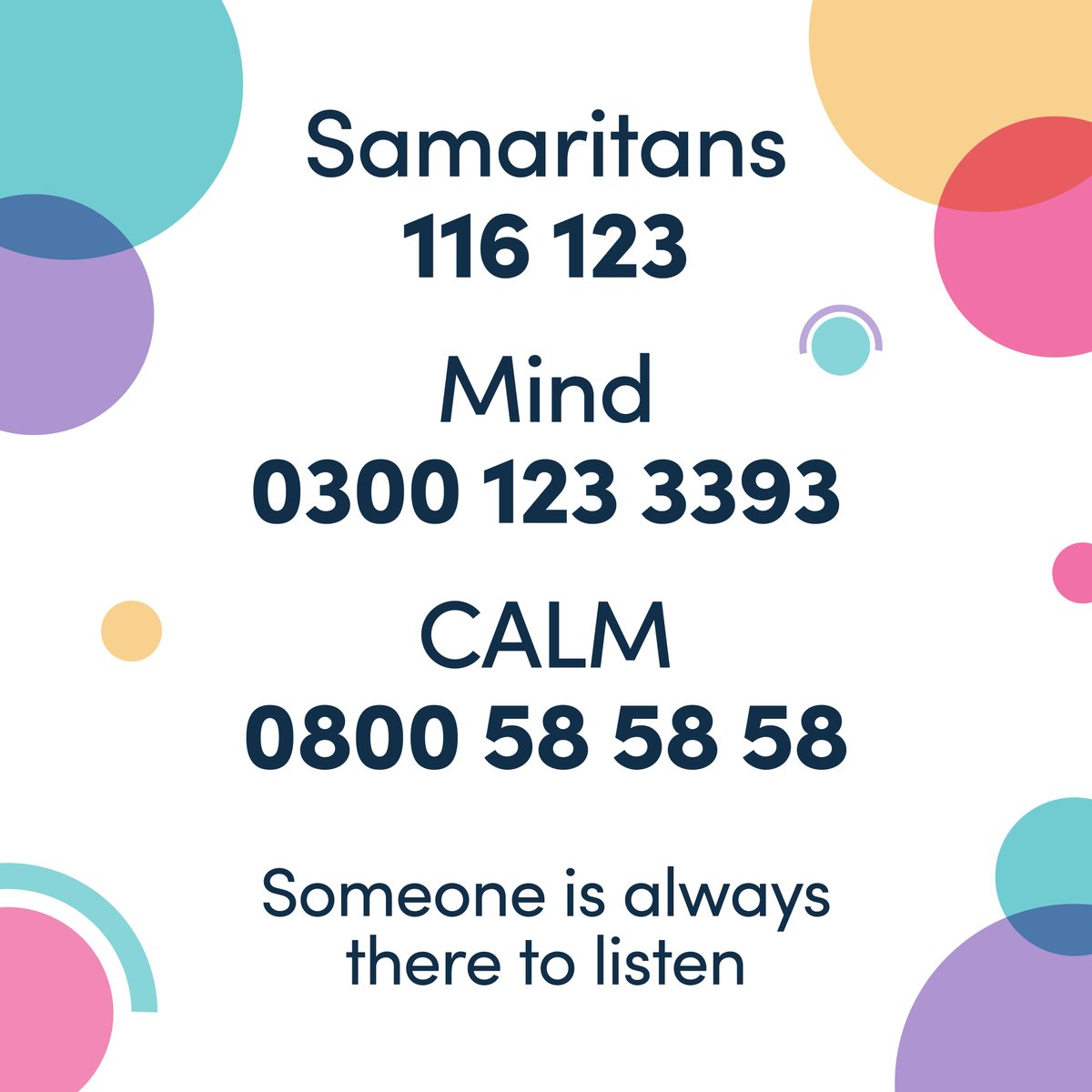 Someone is always there to listen. You are never alone. Share for someone who may be in need❤️