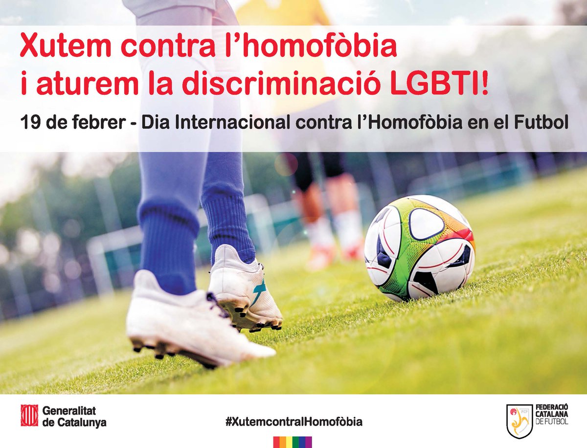 ⚽ Avui, 19 de febrer, #XutemcontralHomofobia !

👉 El <a href="/govern/">Govern de Catalunya</a> i la Federació Catalana de Futbol s’adhereixen al Dia Internacional contra l'Homofòbia en el Futbol.

👉bit.ly/3pdpABj

<a href="/FCF_CAT/">Federació Catalana de Futbol</a> <a href="/lgbti_cat/">LGBTI+</a> @aferssocialscat 

#esportcat