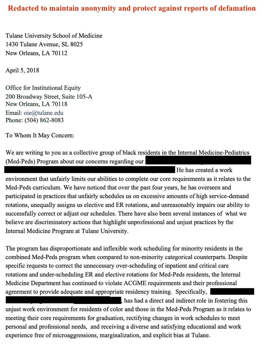  @TulaneMedicine, we filed a formal complaint with OIE abt the discrimination we were enduring. We submitted this letter through their online reporting tool, outlining behaviors that violate TU’s Antidiscrimination Policy. (1/5)  #DNRTulane  #MedTwitter  #SpeakOut  #BlackDoctorsMatter