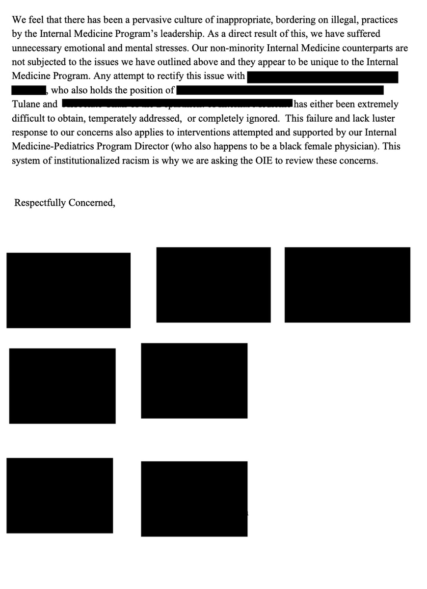  @TulaneMedicine, we filed a formal complaint with OIE abt the discrimination we were enduring. We submitted this letter through their online reporting tool, outlining behaviors that violate TU’s Antidiscrimination Policy. (1/5)  #DNRTulane  #MedTwitter  #SpeakOut  #BlackDoctorsMatter