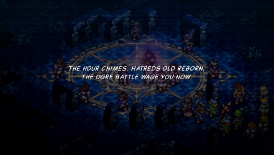 The Chaos Gate, or an entity from the Underworld, or the Underworld itself, speaks to Dorgalua. (This whole scene and the whole battle with the doppelgangers was added to the PSP remake, it wasn't in the original, so this next bit was added by Matsuno with all intentions)