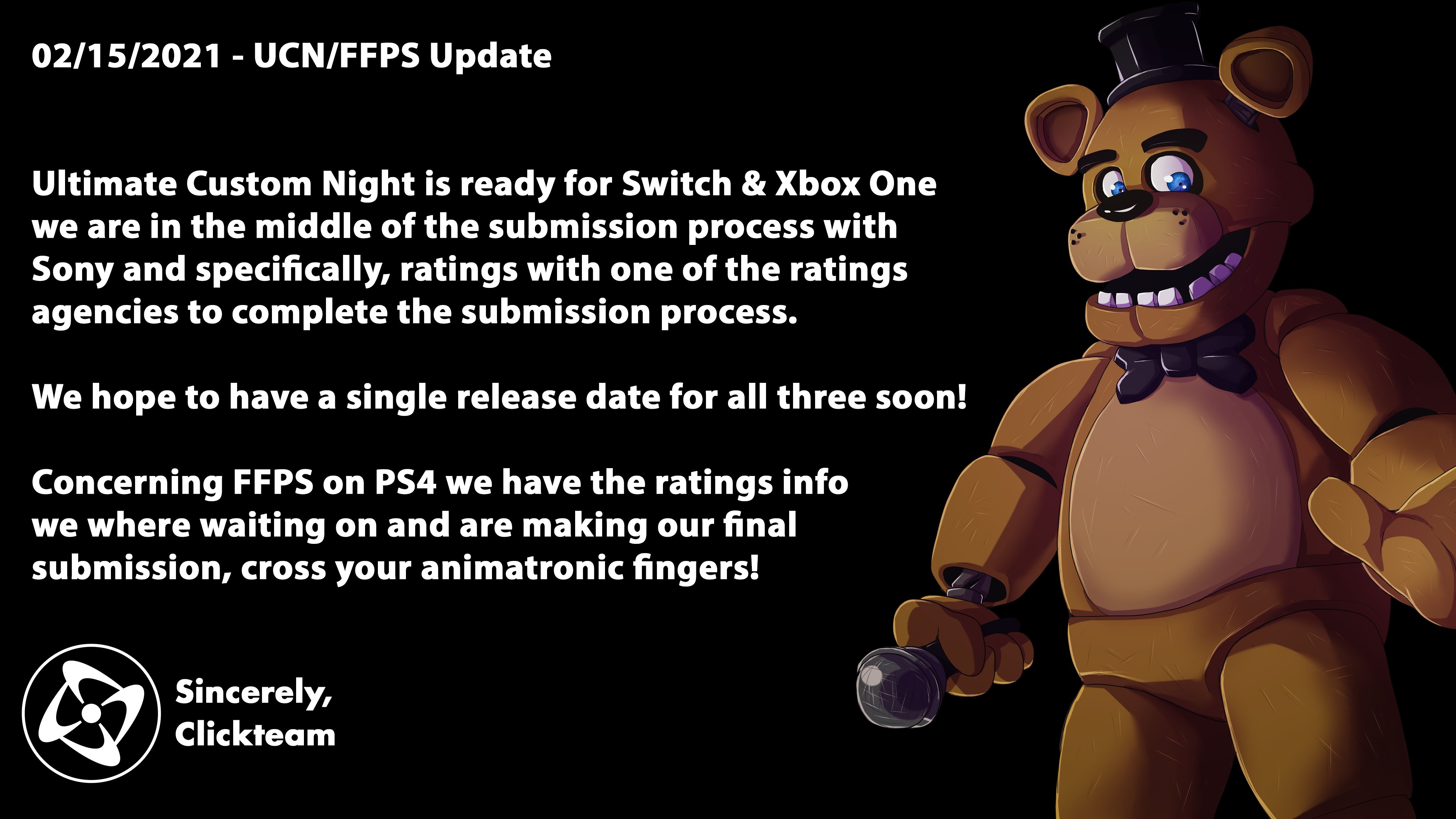 Clickteam on X: A small news update for Ultimate Custom Night and Freddy  Fazbear Pizzeria Simulator. #FNAF  / X