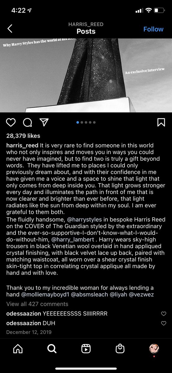 harris reed almost never uses pronouns for harry. harris has referred to harry as “this incredible being” “the fluidly handsome harry styles” “this kind soul” “this supportive and kind being” and other primarily gender neutral terms. important to note harris is nonbinary as well.