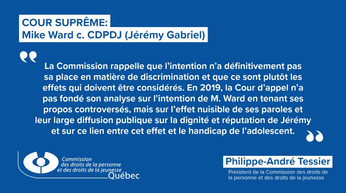 CDPDJ1's tweet photo. La Commission rappelle que «l’intention n’a définitivement pas sa place en matière de discrimination et que ce sont plutôt les effets qui doivent être considérés» @PATessier
Communiqué: https://t.co/VBCdlvh7jn
#DroitsEtLibertés #ZeroDiscrimination #ZeroIntimidation https://t.co/AuMfWK17Xe