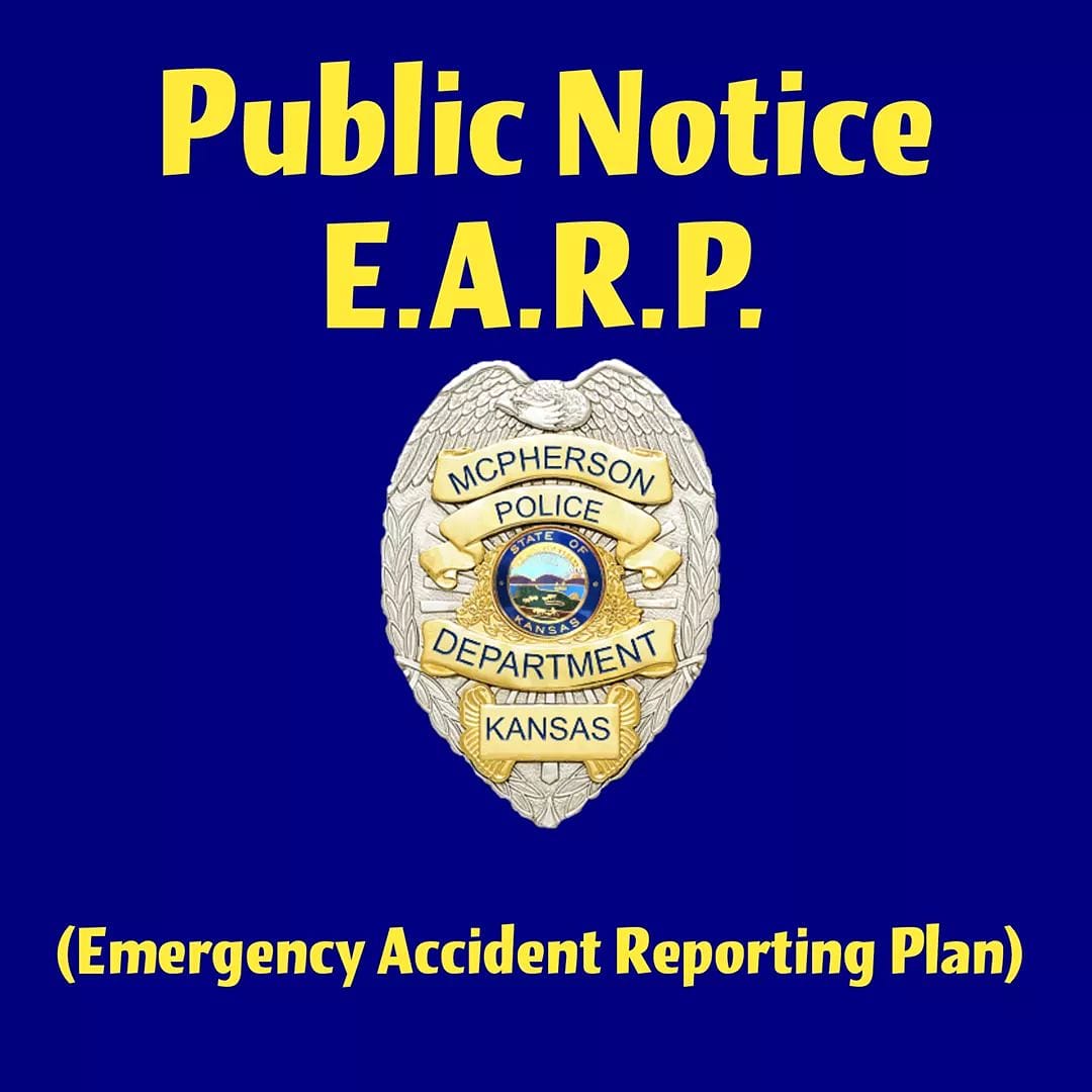McPhersonPD's tweet photo. McPHERSON POLICE DEPARTMENT PUBLIC NOTICE
Due to the extremely cold temperature, effective February 15, at 1:30 pm - February 17, 2021, at 1:30 pm,  we have enacted an Emergency Accident Reporting Plan. For more details, refer to our Facebook or Instagram post.#EARP #DriveSafeKS https://t.co/8vEbfy5PXq