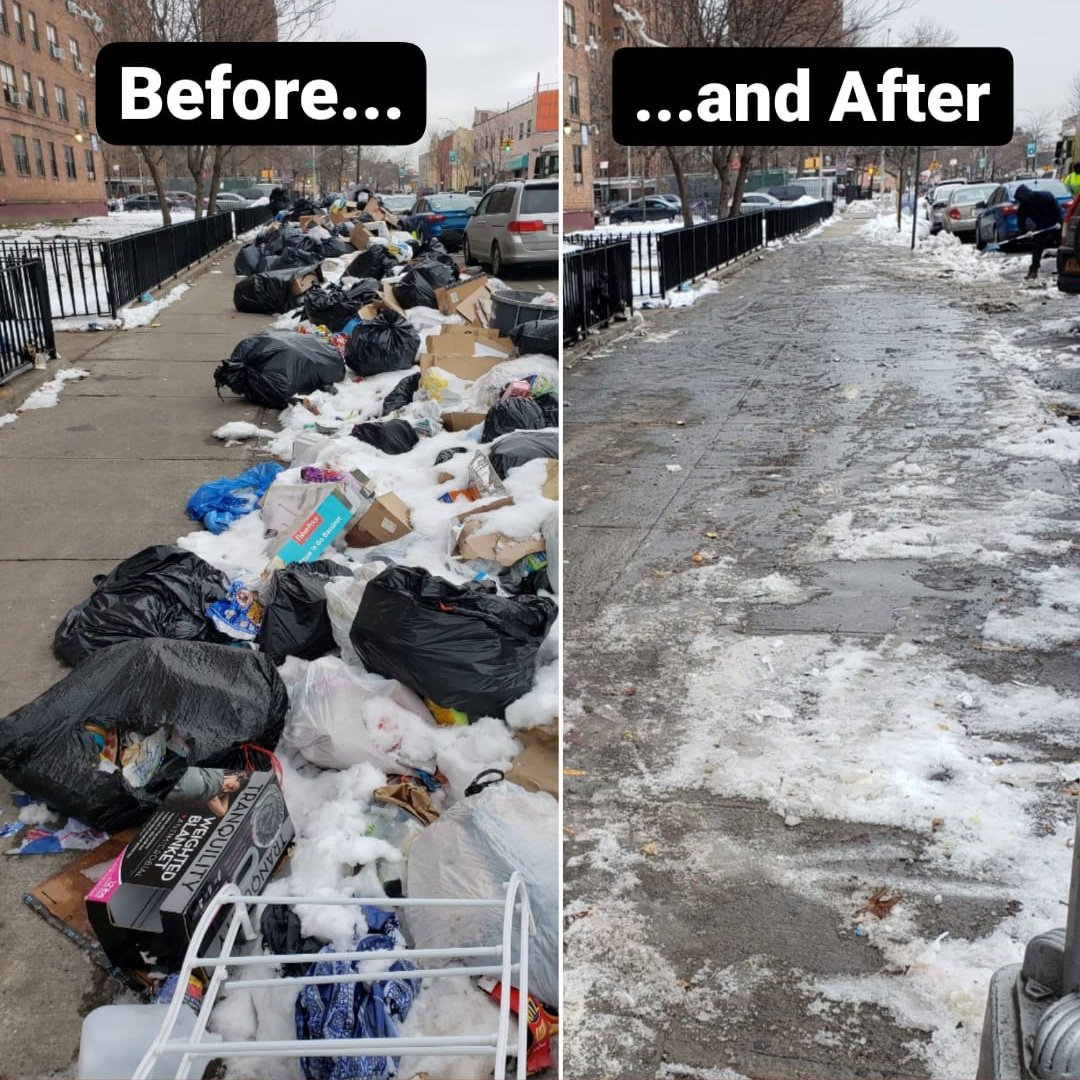 A single photograph. The left side is marked Before and shows trash on a curb awaiting collection. The right side is marked After and shows a clear sidewalk after the trash was collected.