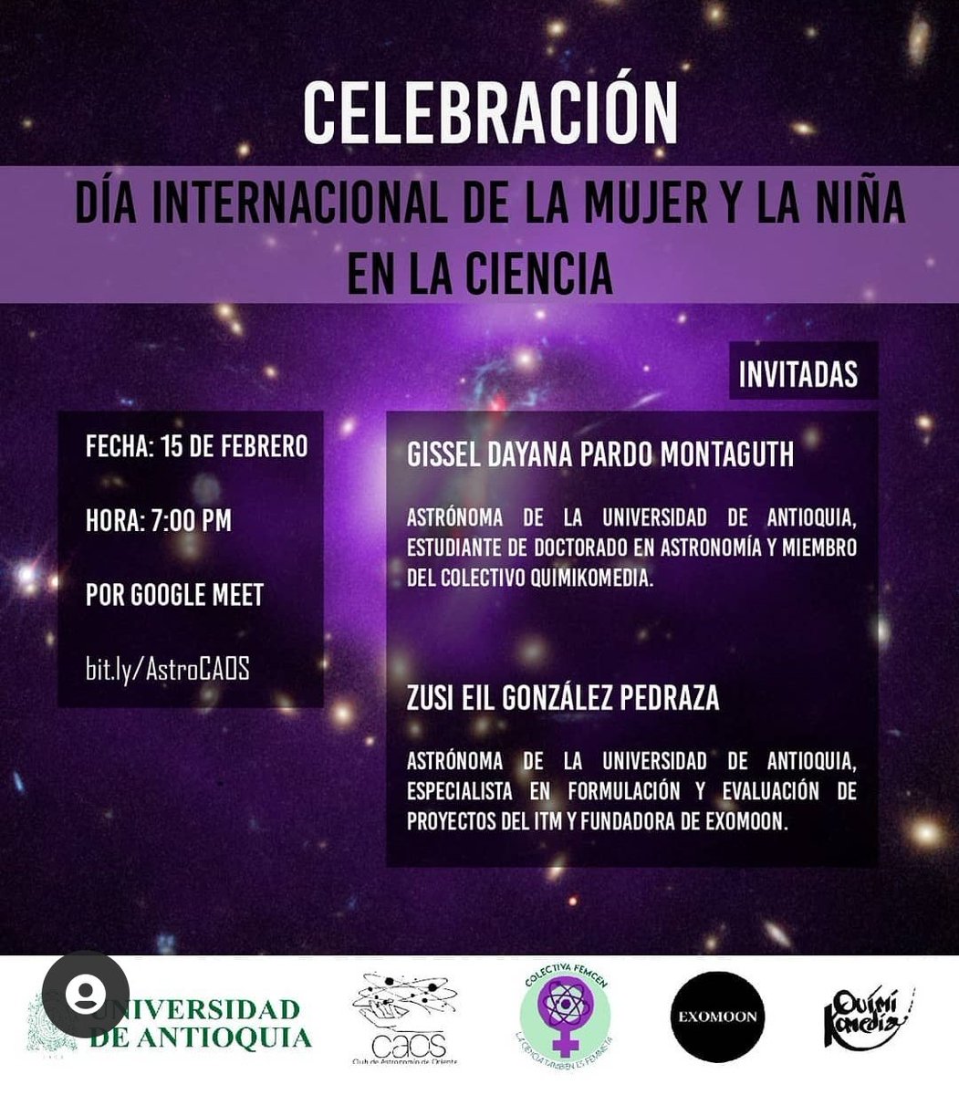 AstroChia's tweet photo. Hoy a las 7pm 🇨🇴 no te pierdas a nuestras #CHIAs @zusieil y @GisselMontaguth celebrando el pasado día de la mujer y la niña en la ciencia! Link: https://t.co/rUiABZrf4X https://t.co/KSnsqBY1tf
