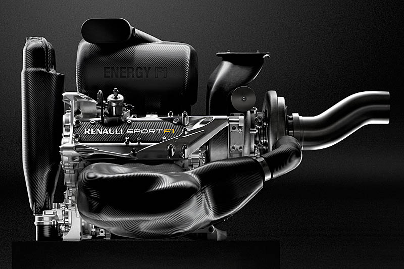 The Mercedes PU is a different shape to the Renault with a split turbo layout with the compressor at the front of the V6 block and the turbine at the rear. Renault has the complete turbo at the rear of the block. 2/