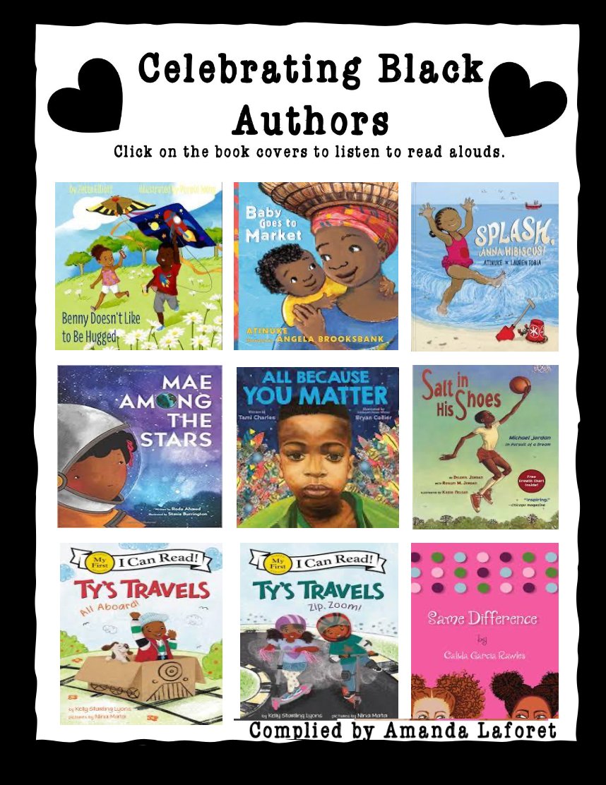 MrsLaforet's tweet photo. 4 weeks of complied hyperlinked read alouds from #blackauthors 🖤 My intention was to provide one each week of #BlackHistoryMonth but I forgot due to report cards &amp; IEPs so I'm taking advantage of this short week &amp; sharing one page each day with Ss @GEVSchool @gecdsbpro https://t.co/6i3eB1aBo2