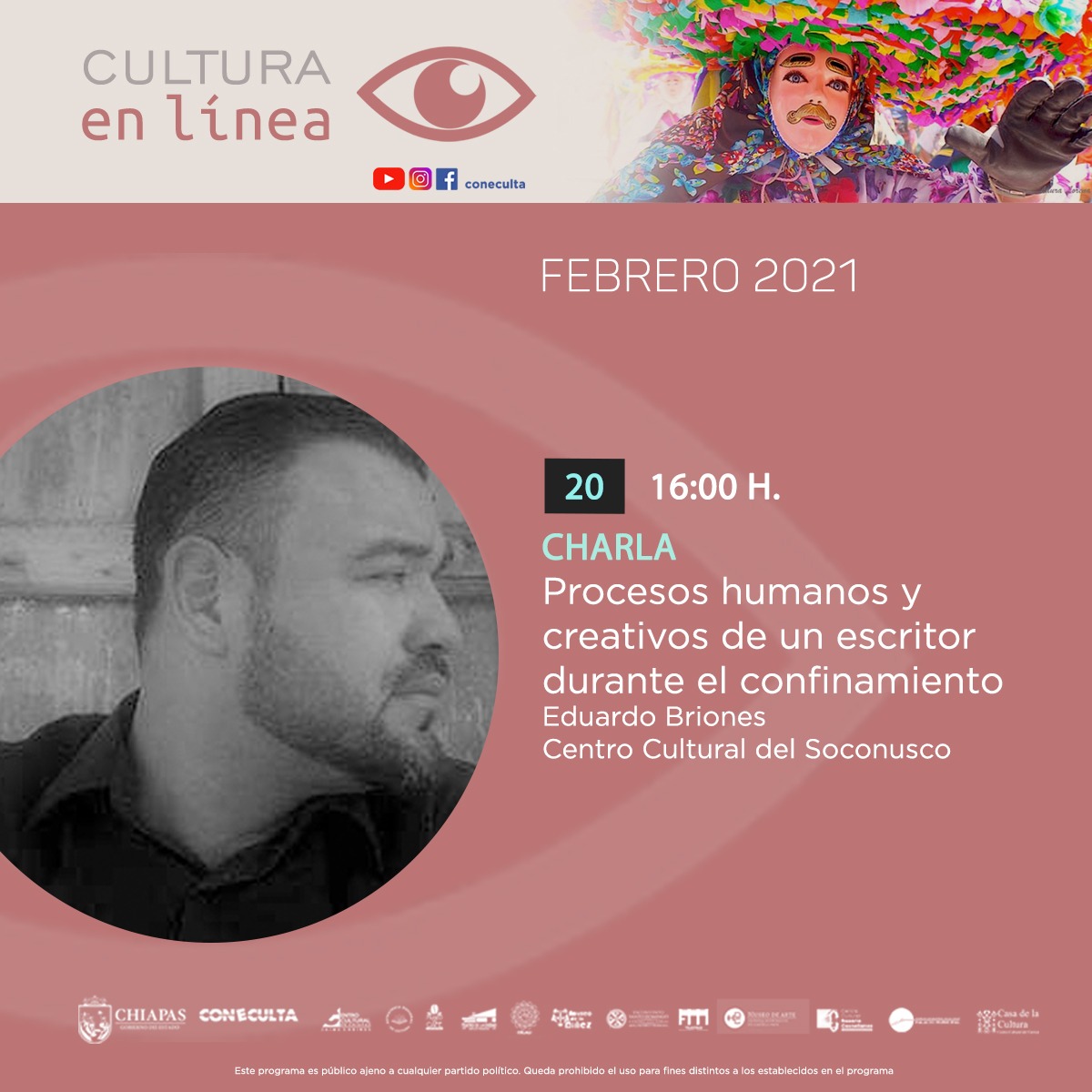 SoconuscoEmerg's tweet photo. Los invito a escuchar la charla *"Procesos humanos y creativos de un escritor durante el confinamiento"* Escritor: Eduardo Briones. _Editor en jefe del Programa Editorial Soconusco Emergente._ Entrevista: Lucy Ovilla - _directora del centro cultural soconusco CONECULTA_ https://t.co/SxRdq5L8uF