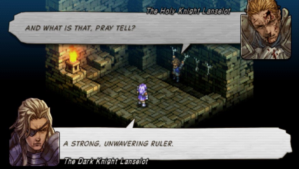 Going back to the topic at hand, that scene in the TO remake (as opposed to the original) with the good Lans in chains has the bad Lans uttering almost the exact same lines that Guildenstern uses in Vagrant Story