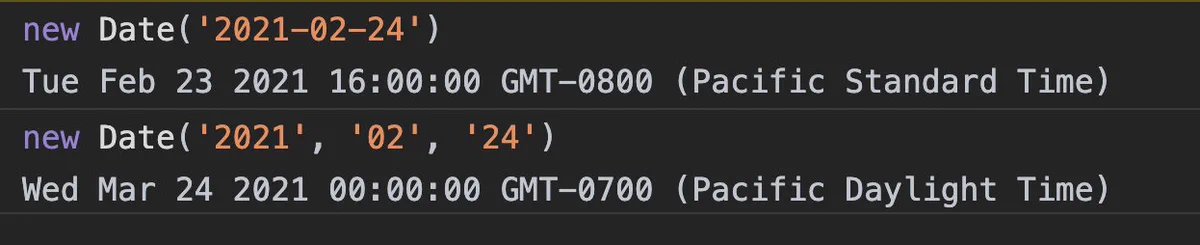 Web console showing two lines of code creating date objects with different arguments. The arguments clearly express the same date but instantiate different values.

Code reads:

new Date('2021-02-24');
> Tue Feb 23 2021 16:00:00 GMT-0800 (Pacific Standard Time)
new Date('2021', '02', '24');
> Wed Mar 24 2021 00:00:00 GMT-0700 (Pacific Daylight Time)