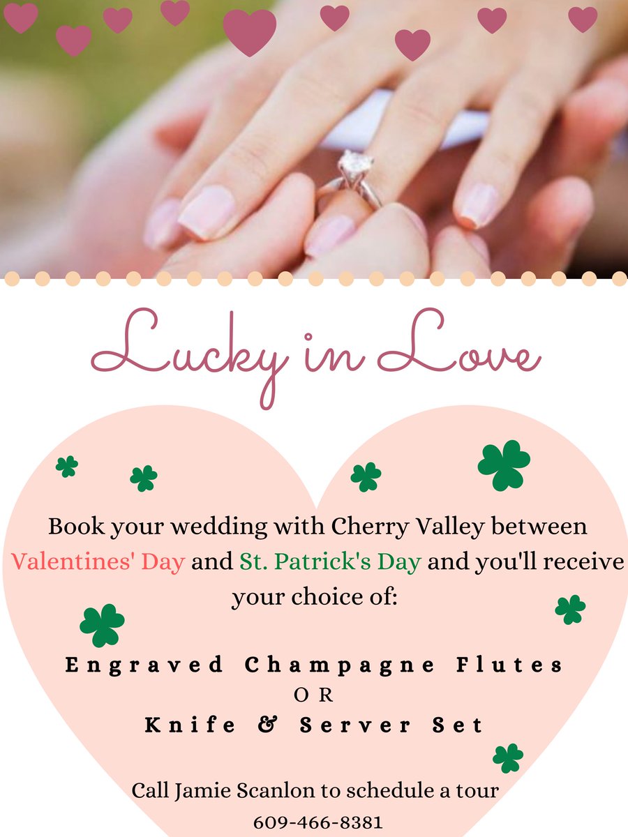 Are you Lucky in Love? Call Jamie to Book your Nuptials by Saint Patrick's Day @ 609.466.8381
#CVCC #Clublife #luckyinlove