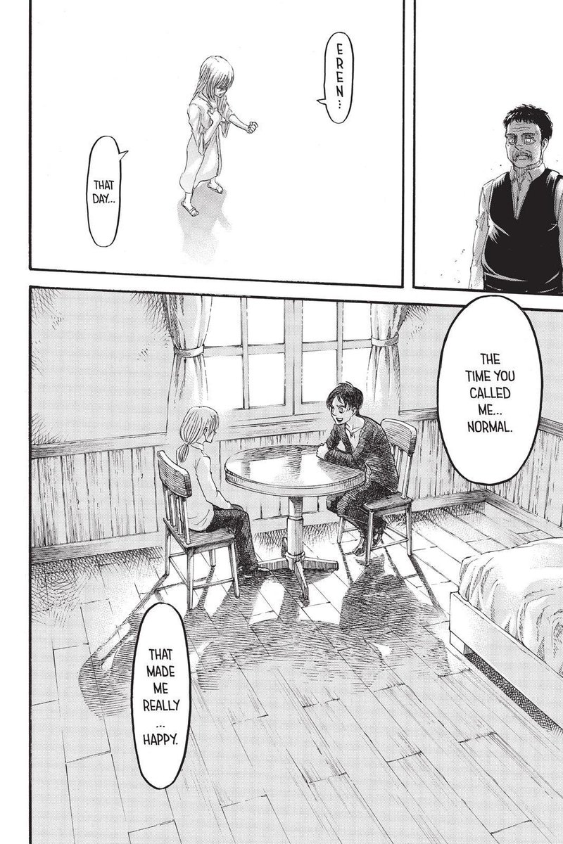 At this point Historia is completely lost. She doesn’t really know who she is or what she wants to do, she’s just the empty girl that’s no longer pretending to be someone she’s not. And Eren’s words here about her being ‘normal’, are what she’s wanted to hear for a long time