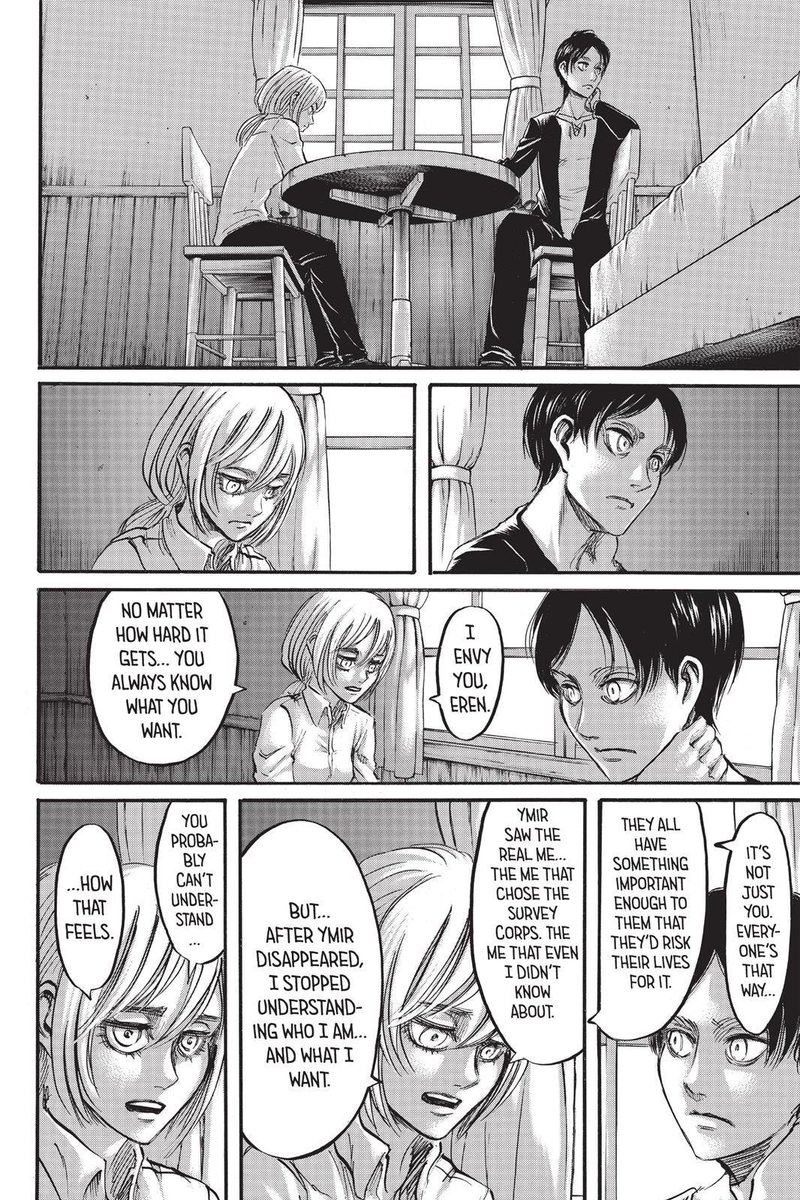 This is some of the most important cut content. It shows us a side of Historia that we didn’t really get in the anime. Also, it’s quite interesting how this chapter starts with Frieda telling Historia to be a ‘good girl’, just for it to be followed by this