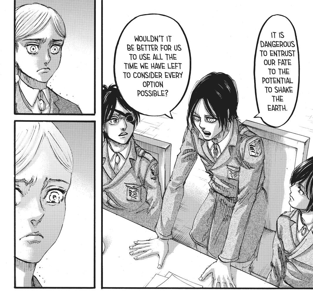 Unfortunately, now and again Historia slips back into her Krista persona as shown here. If it wasn’t for Eren, I honestly think that she would’ve accepted this plan and subjected herself to this role