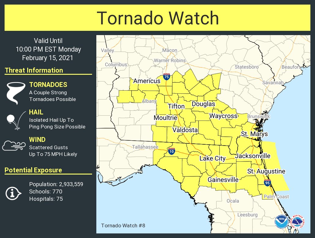 NWSJacksonville's tweet image. A tornado watch has been issued for parts of Florida and Georgia until 10 PM EST