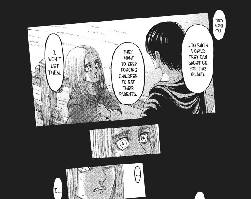 Not only that but, Historia did NOT need to have a child to save herself (contrary to popular belief) + Eren would’ve never agreed if the baby was solely conceived just for some sort of plan. Eren consistently rejects this idea